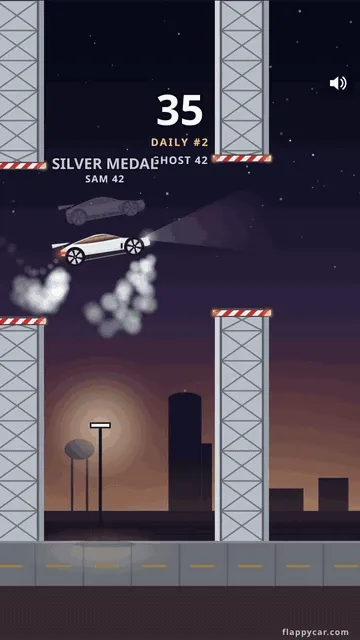 A friend’s translucent ghost car flies just above the player’s car between steel gantries, then crashes while the player carries on