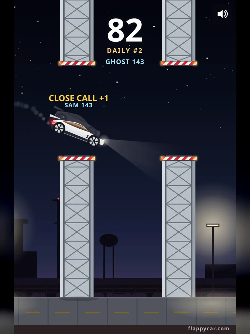 A night run: lights on at the test site and a friend’s ghost car threading a steel gantry