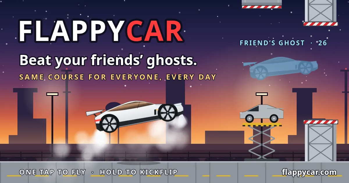 Flappycar: a sports car flies on thrusters past gantry towers at dusk