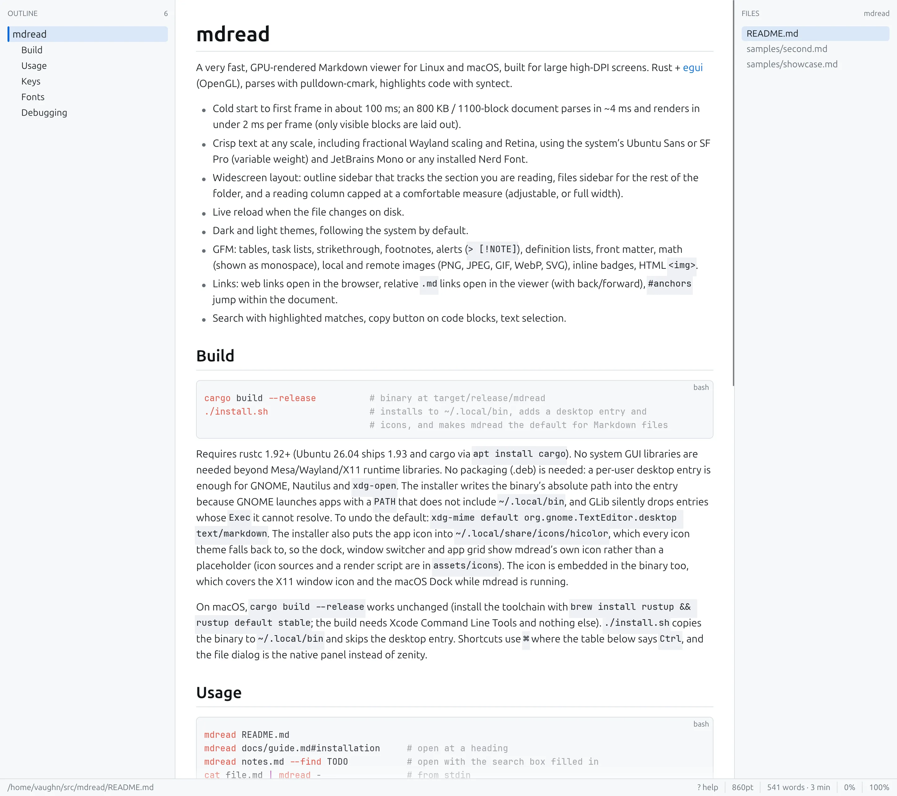 mdread showing its own README with the outline sidebar on the left, the reading column in the middle and the files sidebar on the right