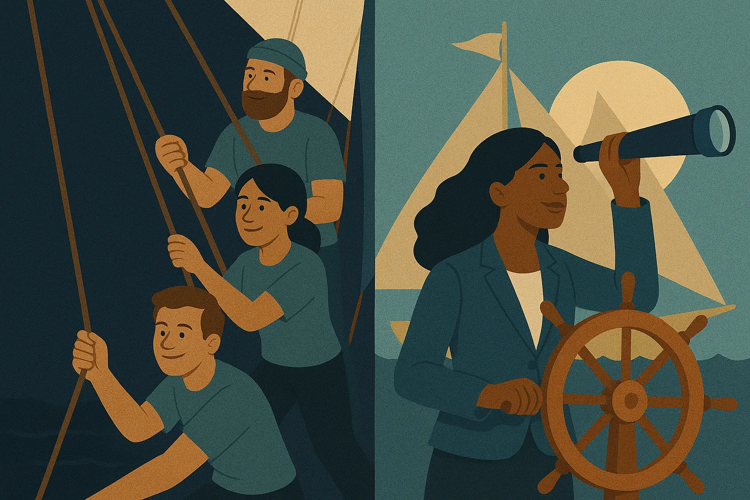 Illustration: on the left a crew hauls on a sailing boat’s rigging; on the right the captain stands at the wheel looking ahead through a telescope